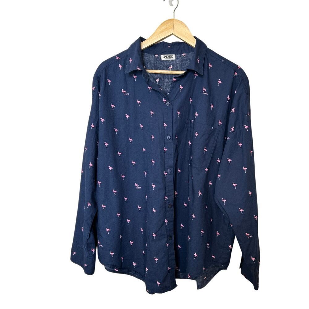 Pink Victoria's‎ Secret Colorful, Fun Flamingo Button Down Shirt Size L Preppy